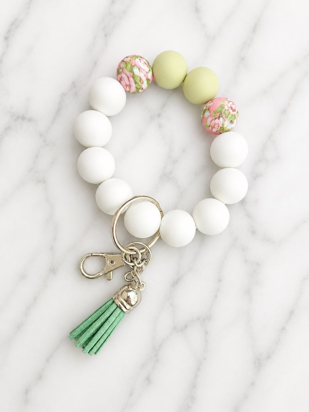 Beaded Key Ring Bracelet with Floral and Green Accents